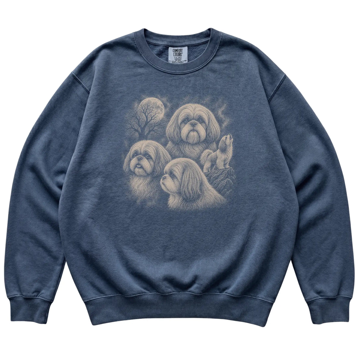 Shih Tzu 90s Moon Sweatshirt in Denim — flat lay