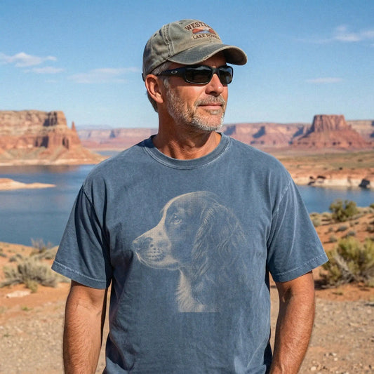 Model wearing a Denim Comfort Colors® T-shirt with a detailed photographic portrait of a Springer Spaniel
