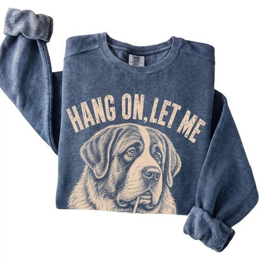 Denim Comfort Colors sweatshirt featuring St Bernard Iced Coffee Overthink, folded presentation
