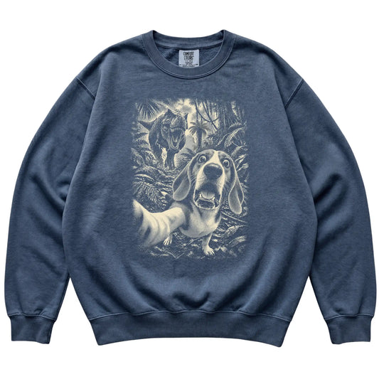 T-Rex Selfie Beagle Comfort Colors 1566 Sweatshirt in Denim, flat lay