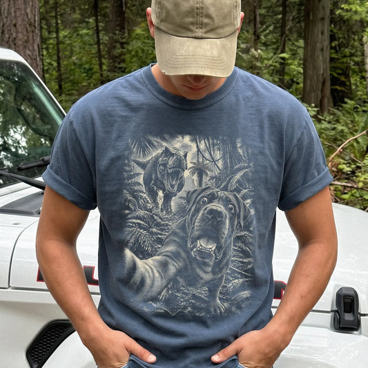 T-Rex Selfie Cane Corso Comfort Colors 1717 T-Shirt in Denim, studio lifestyle