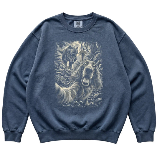 T-Rex Selfie Irish Setter Comfort Colors 1566 Sweatshirt in Denim, flat lay