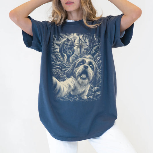 T-Rex Selfie Shih Tzu Comfort Colors 1717 T-Shirt in Denim, studio lifestyle