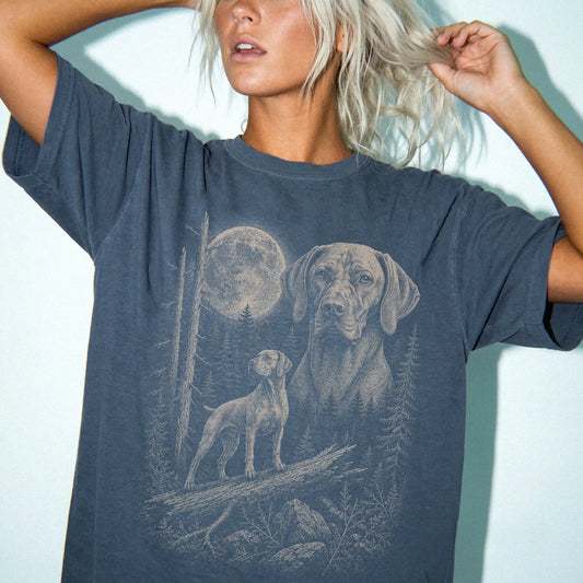 Woman wearing a Denim Vizsla Moonlit Forest T-Shirt