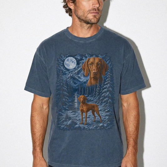 Model wearing a denim T-shirt with Vizsla Winter Moon artwork.
