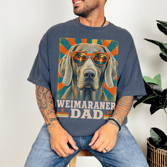 Retro Weimaraner Dad design on a Denim Comfort Colors T-shirt worn by a model
