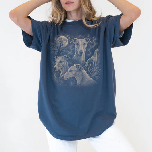 Model wearing a Denim Comfort Colors® T-shirt with a vintage moon montage featuring Whippet