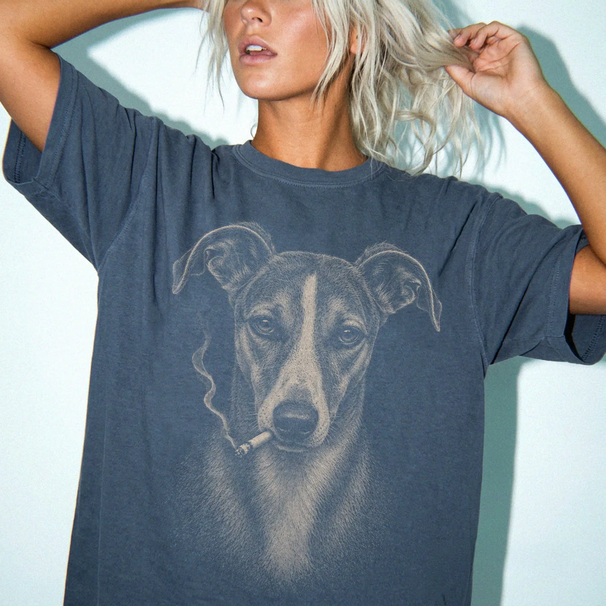 Model wearing a Whippet smoking design on a Denim t-shirt