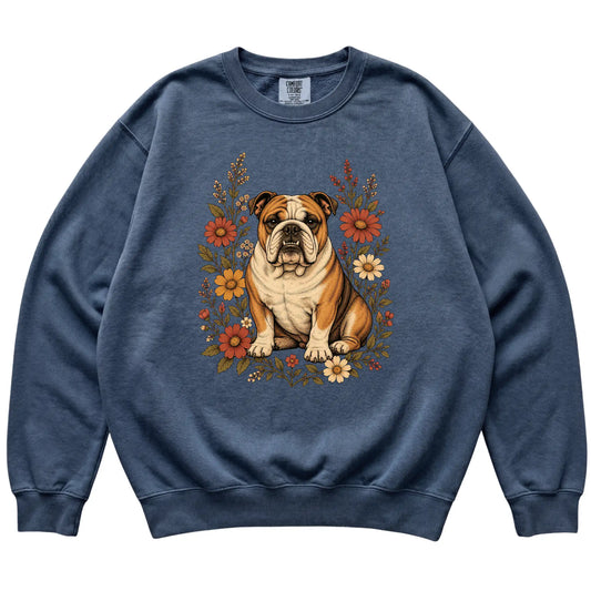 Denim Comfort Colors® sweatshirt with Bulldog portrait and wildflowers, flat lay