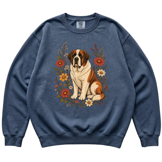 Denim Comfort Colors® sweatshirt with Saint Bernard portrait and wildflowers, flat lay