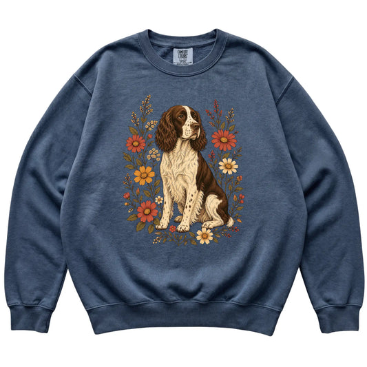Denim Comfort Colors® sweatshirt with Springer Spaniel portrait and wildflowers, flat lay