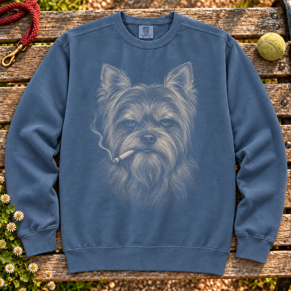 Yorkie smoking design on a Denim sweatshirt