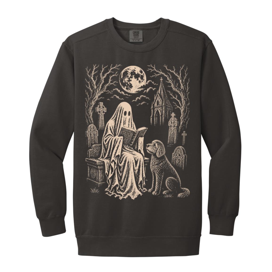 Goldendoodle Ghost Reading sweatshirt in Pepper