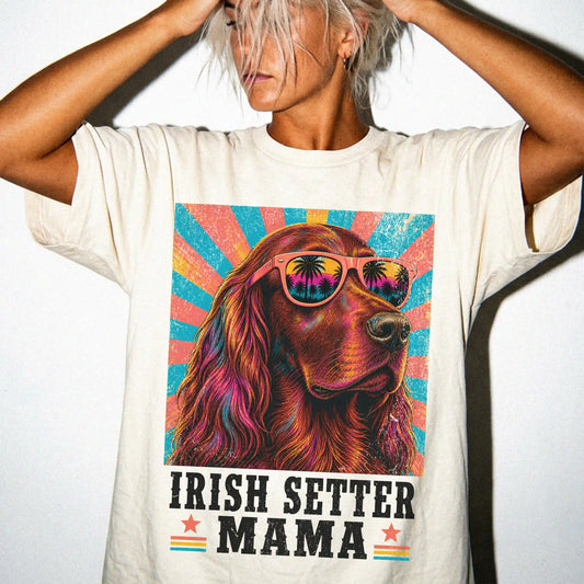 Retro Irish Setter Mama design on a Ivory Comfort Colors T-shirt worn by a model