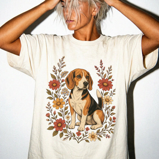 Model wearing an Ivory Comfort Colors® T-shirt showing Beagle portrait surrounded by wildflowers beneath the moon