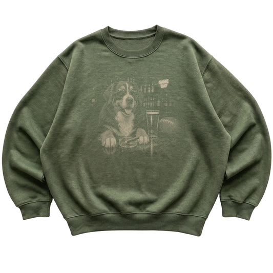Military Green Beer and Football Bernese Mountain Dog sweatshirt, laid flat