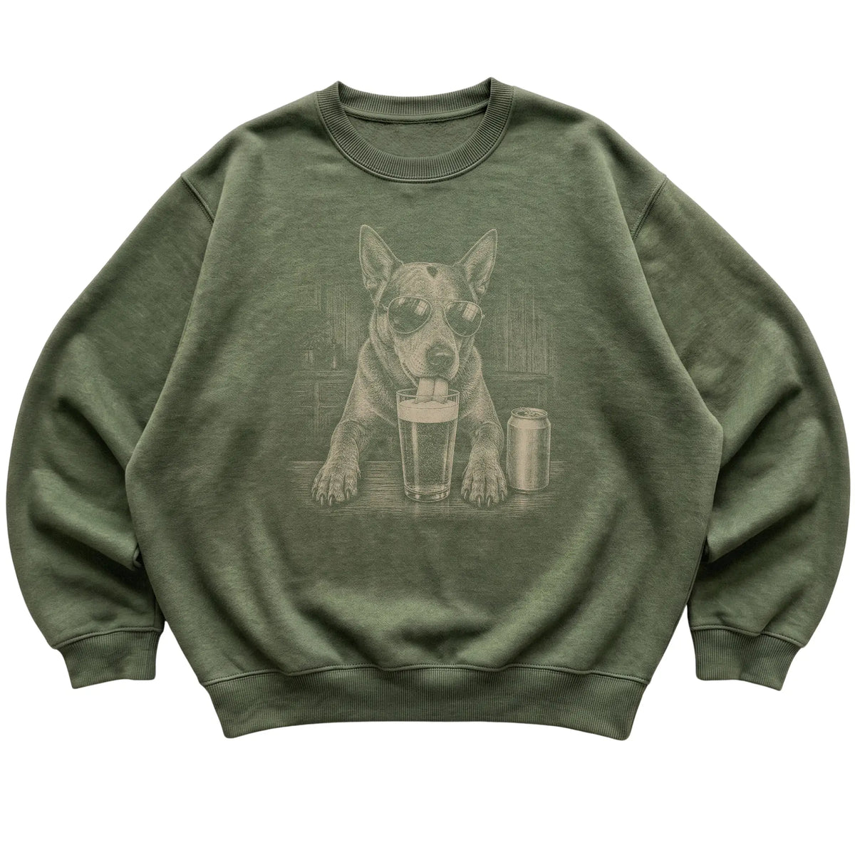 Military Green Blue Heeler drinking from a pint at a bar, laid flat