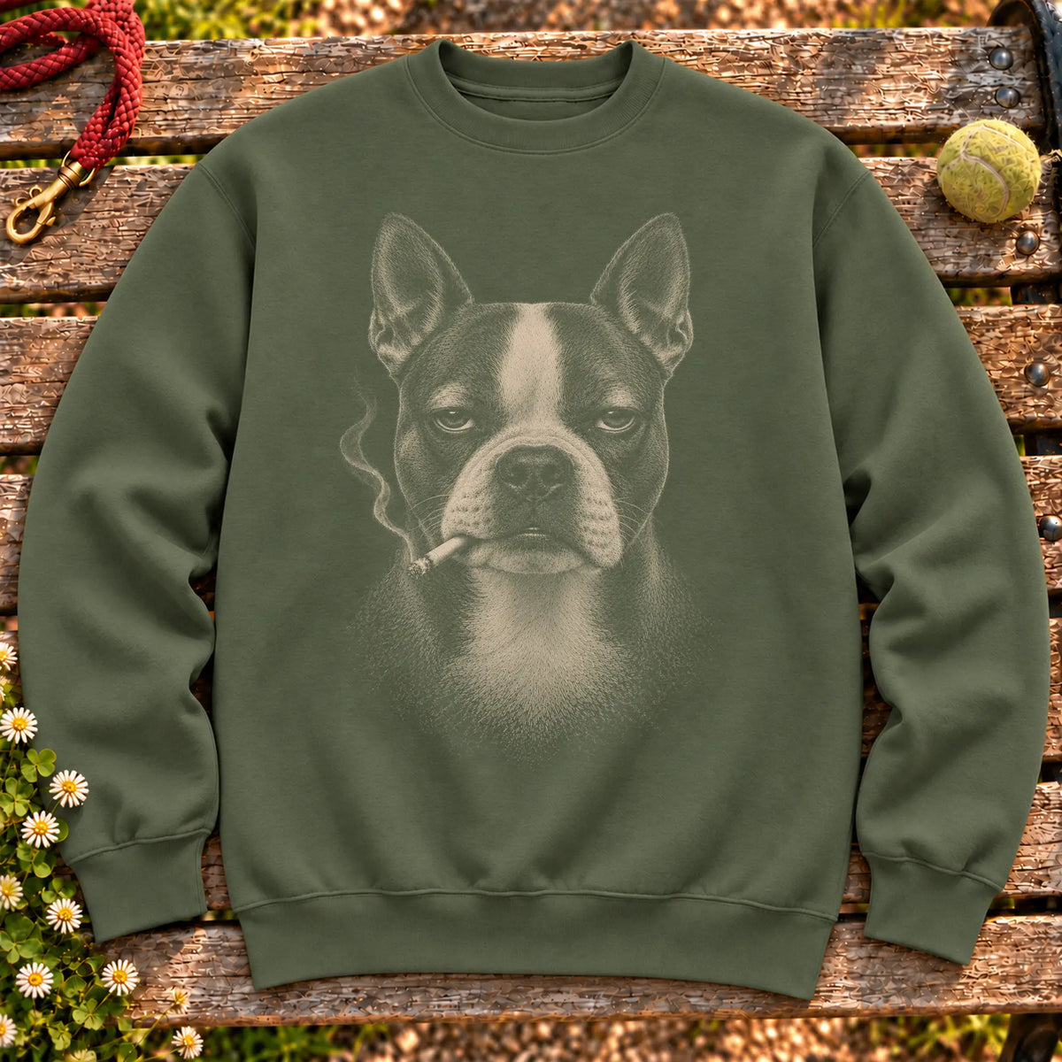 Boston Terrier smoking design on a Military Green sweatshirt