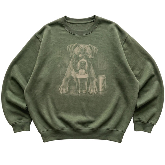 Military Green Boxer drinking from a pint at a bar, laid flat