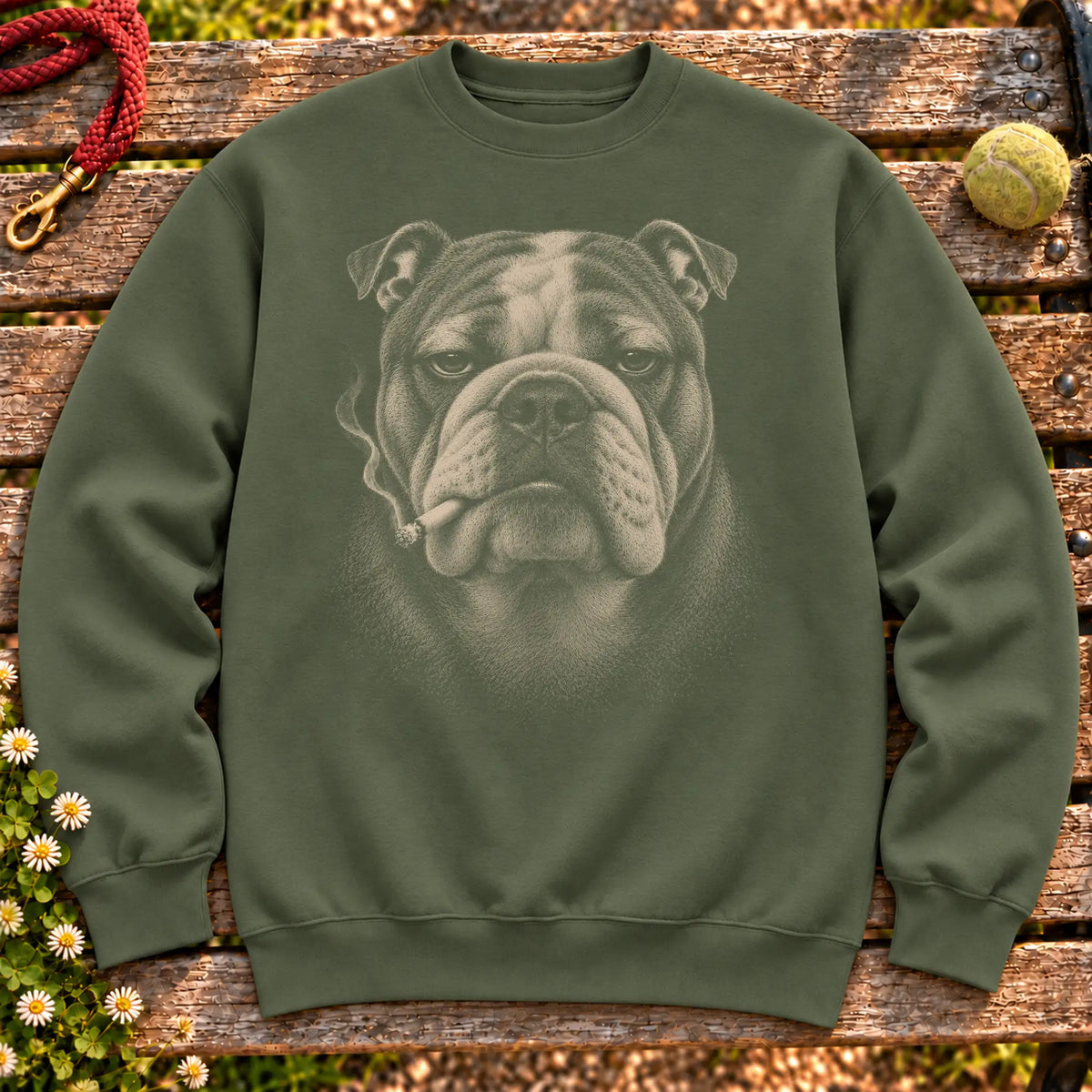 Bulldog smoking design on a Military Green sweatshirt