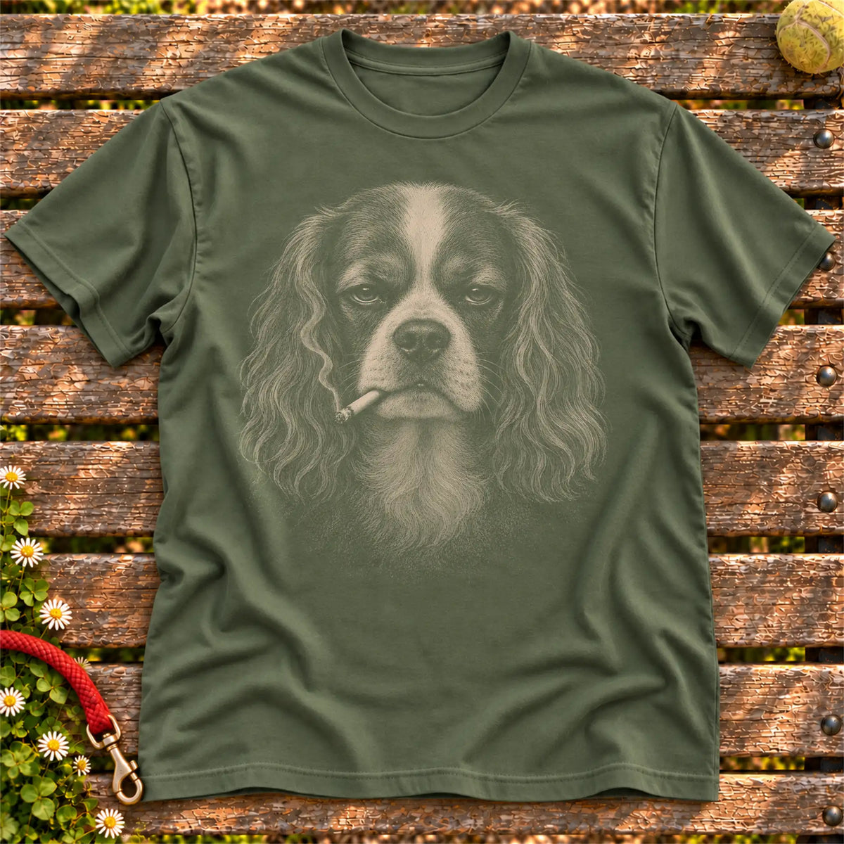 Cavalier King Charles Spaniel smoking design on a Military Green t-shirt