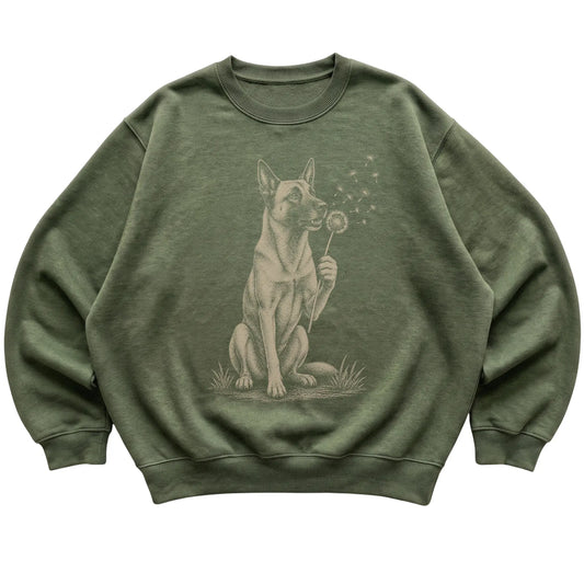 Military Green crewneck sweatshirt featuring Dandelion Belgian Malinois, laid-flat presentation