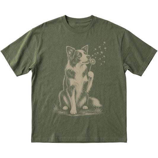 Military Green T-shirt featuring Dandelion Border Collie, laid-flat presentation
