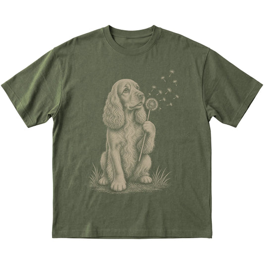 Military Green T-shirt featuring Dandelion Cocker Spaniel, laid-flat presentation