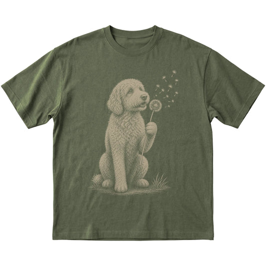 Military Green T-shirt featuring Dandelion Goldendoodle, laid-flat presentation