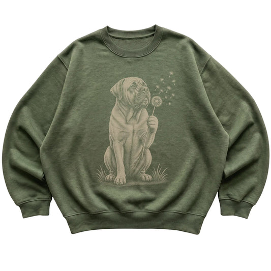 Military Green crewneck sweatshirt featuring Dandelion Mastiff, laid-flat presentation