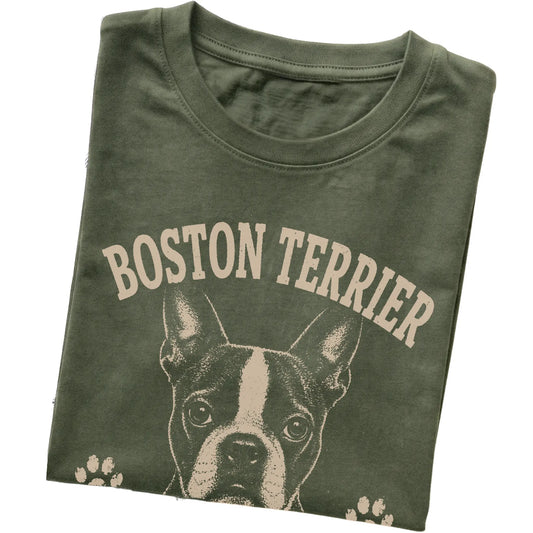 Military Green T-shirt featuring Dressed Well, Behaved Questionably - Boston Terrier, folded presentation