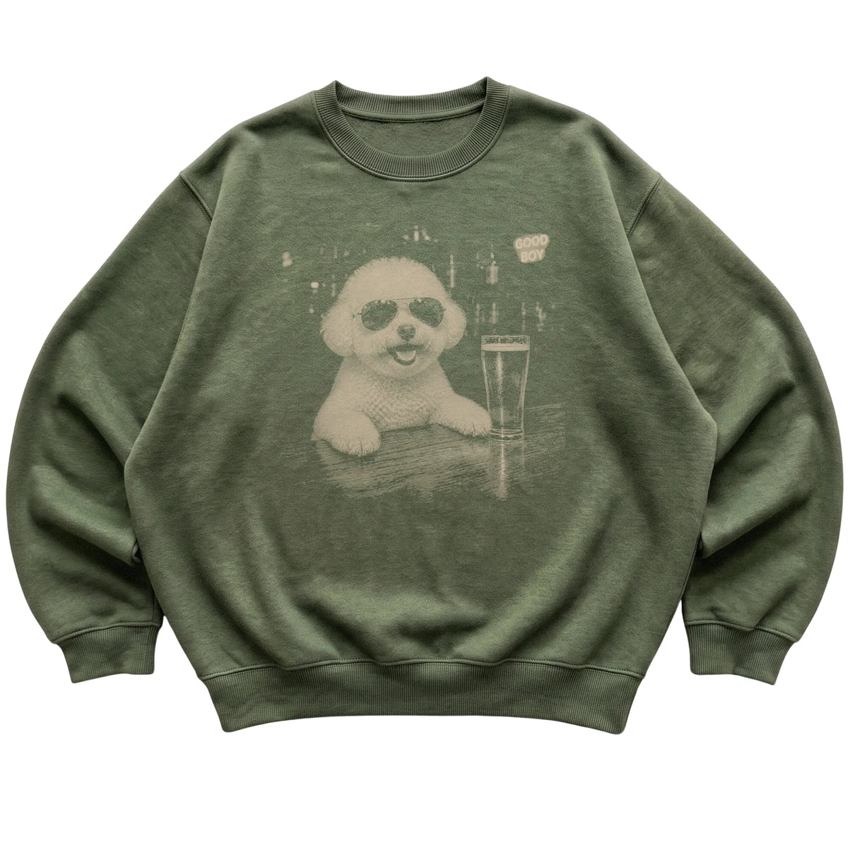 Military Green Bichon Frise at a bar beside a pint, laid flat
