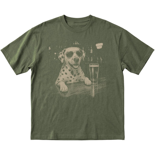 Military Green Dalmatian at a bar beside a pint, laid flat