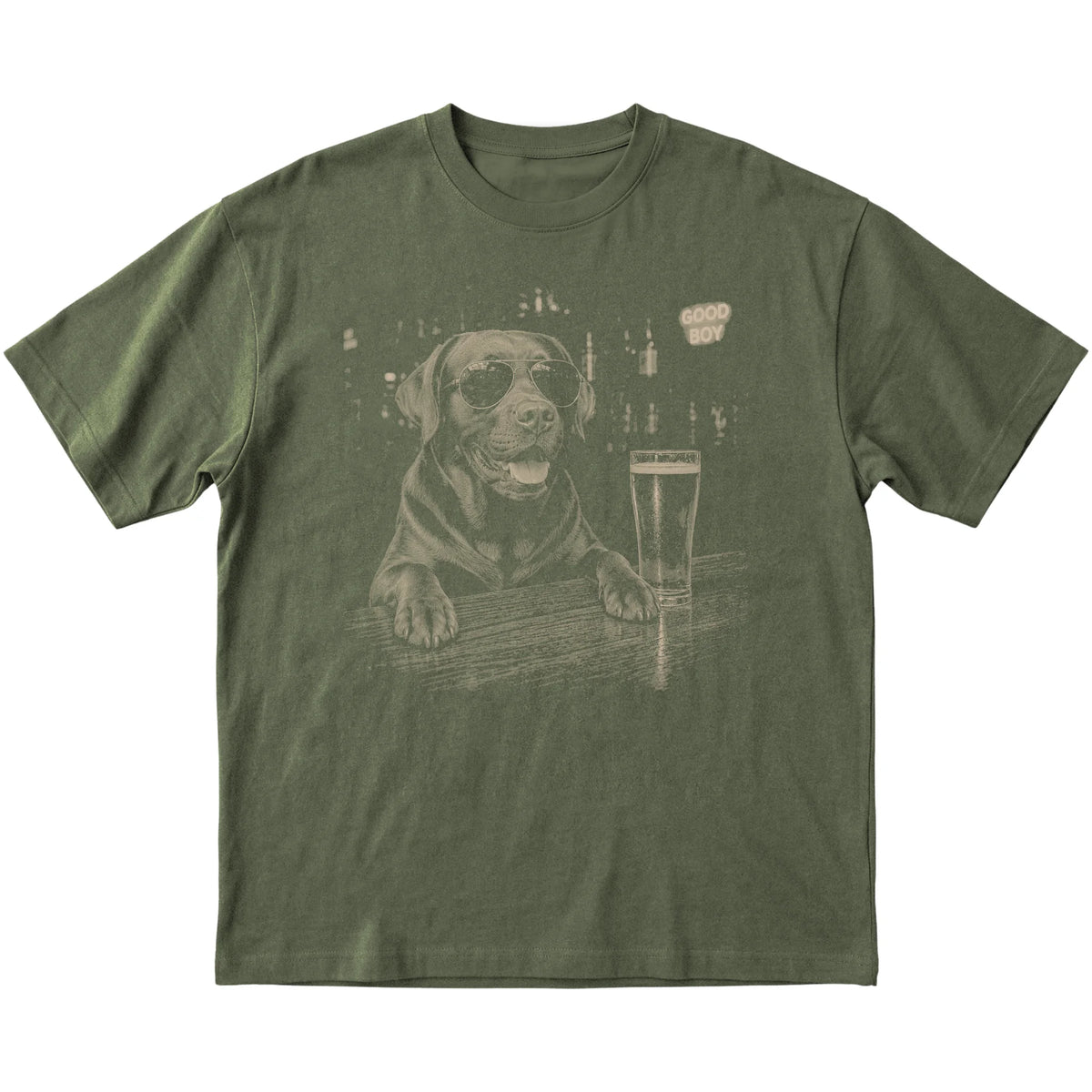 Military Green Labrador Retriever at a bar beside a pint, laid flat