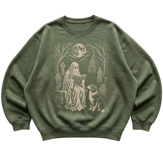Military Green crewneck sweatshirt featuring Ghost Reading to Australian Shepherd, laid-flat presentation
