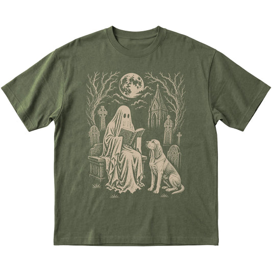 Military Green T-shirt featuring Ghost Reading to Bloodhound, laid-flat presentation