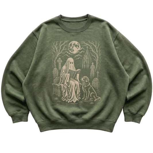 Military Green crewneck sweatshirt featuring Ghost Reading to Golden Retriever, laid-flat presentation