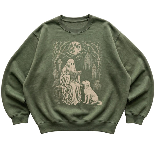 Military Green crewneck sweatshirt featuring Ghost Reading to American Bulldog, laid-flat presentation