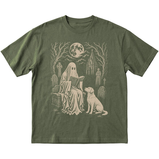 Military Green T-shirt featuring Ghost Reading to American Bulldog, laid-flat presentation