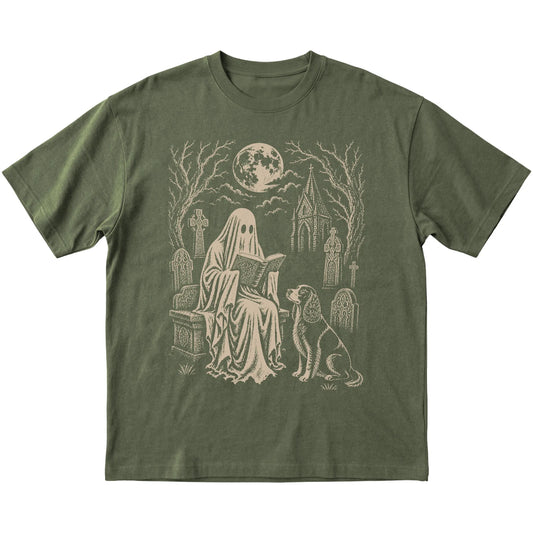 Military Green T-shirt featuring Ghost Reading to Springer Spaniel, laid-flat presentation
