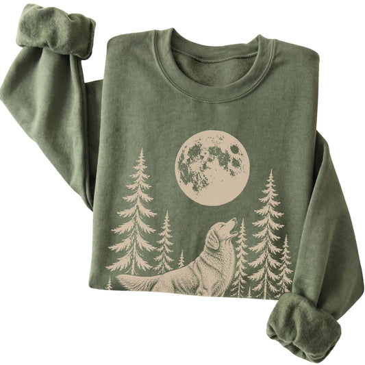 Golden Retriever Howling at the Moon crewneck sweatshirt in Military Green