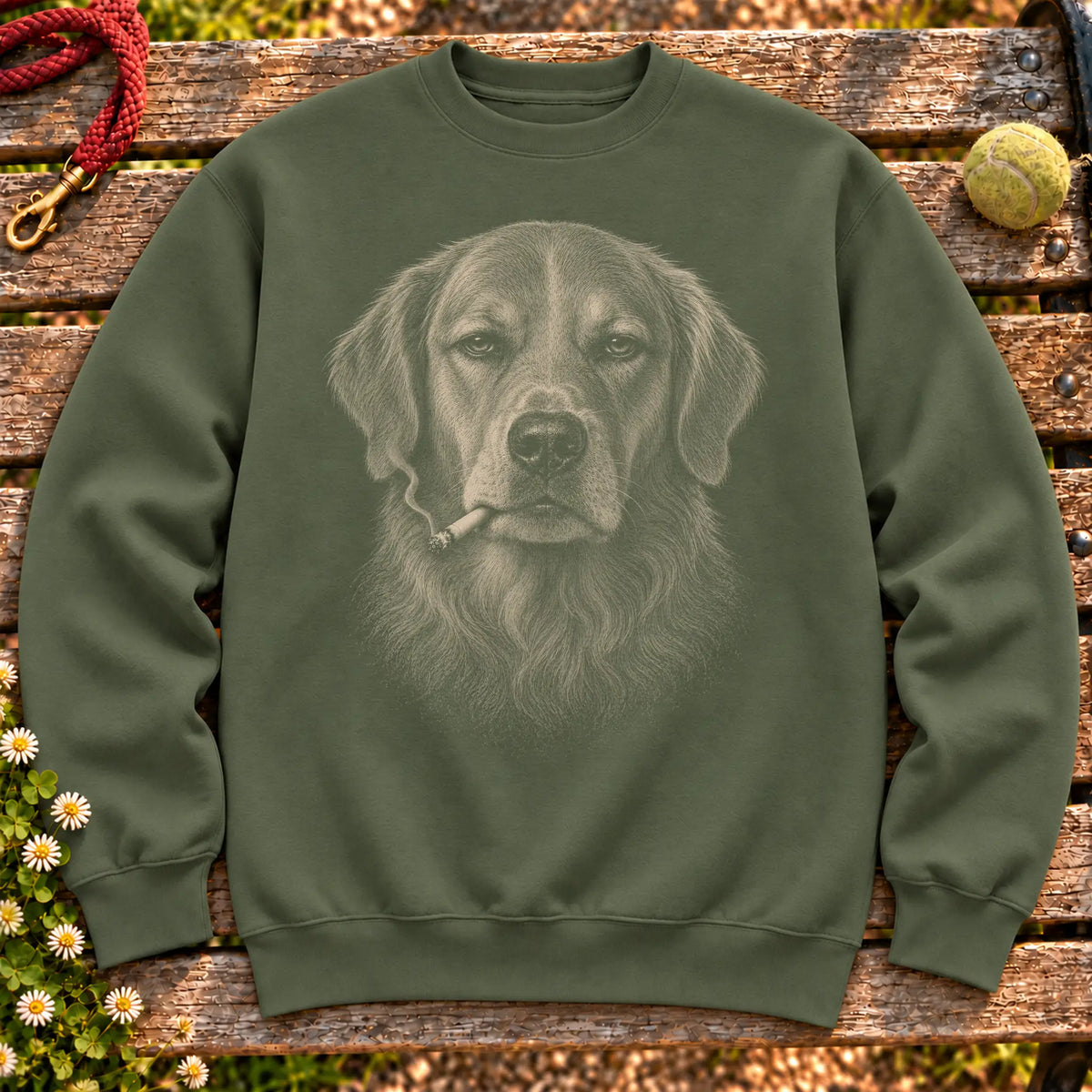 Golden Retriever smoking design on a Military Green sweatshirt