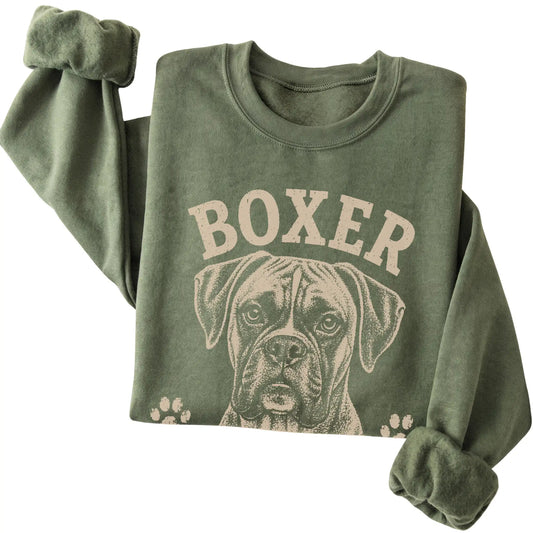 Military Green crewneck sweatshirt featuring Handsome, Hyper & Here For Fun - Boxer, folded presentation