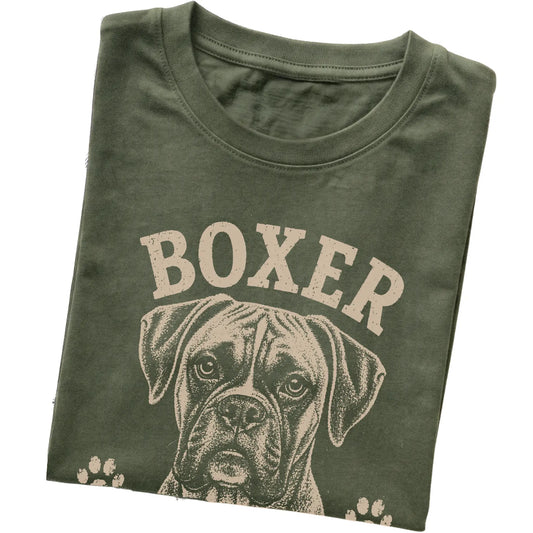 Military Green T-shirt featuring Handsome, Hyper & Here For Fun - Boxer, folded presentation