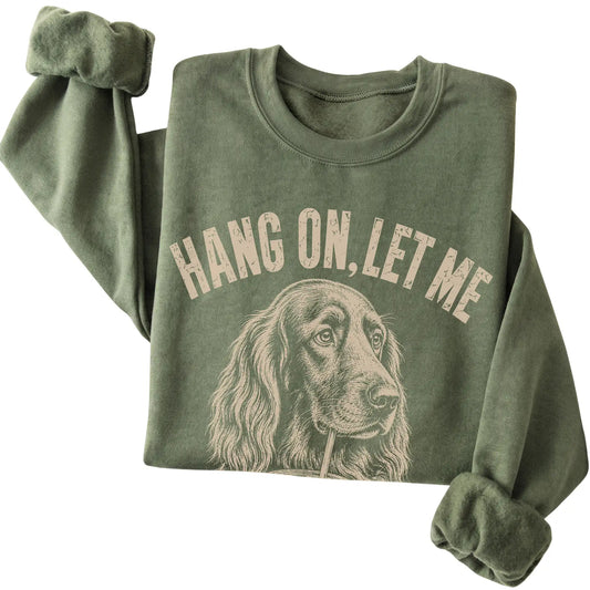 Military Green crewneck sweatshirt featuring Overthinking Irish Setter, folded presentation