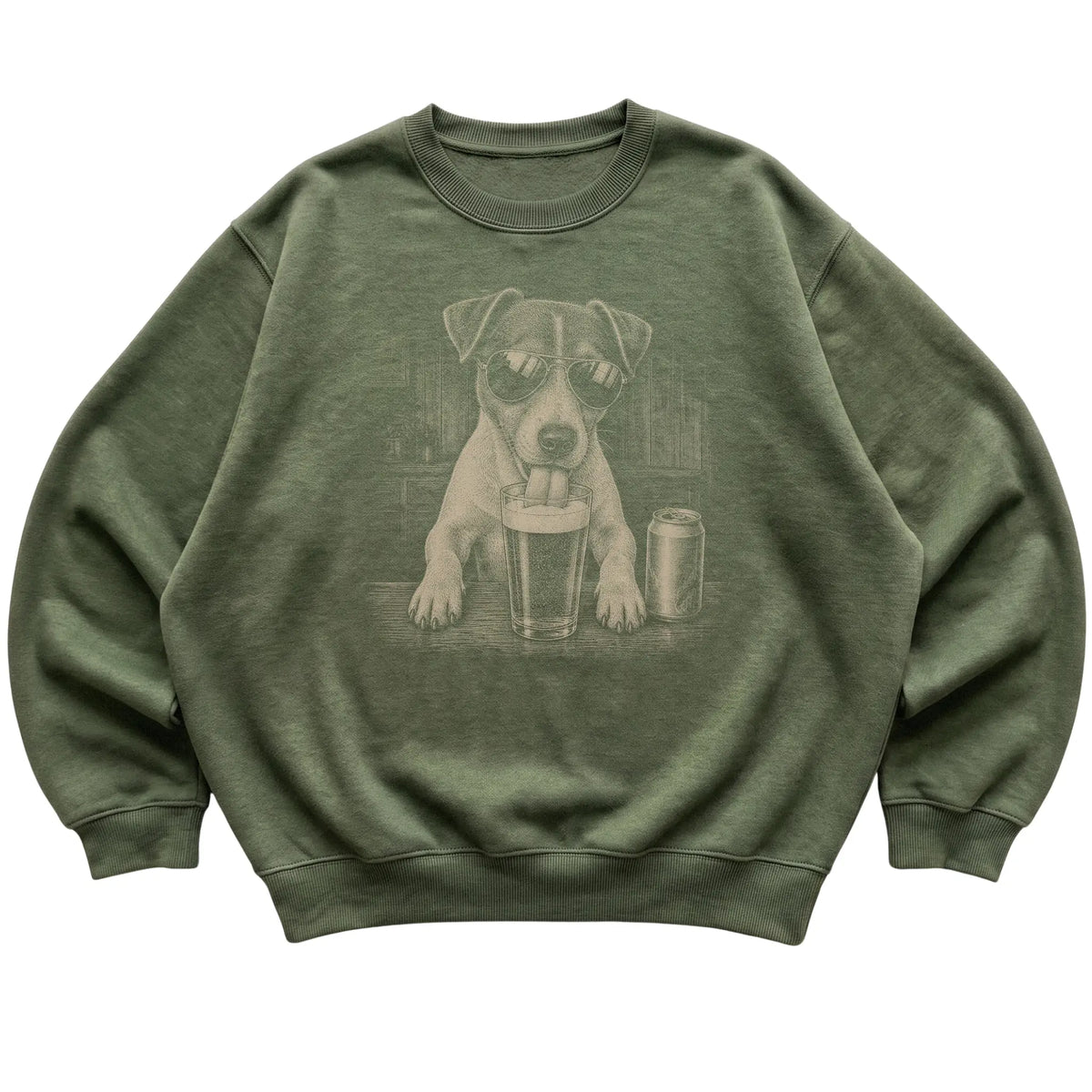 Military Green Jack Russell drinking from a pint at a bar, laid flat