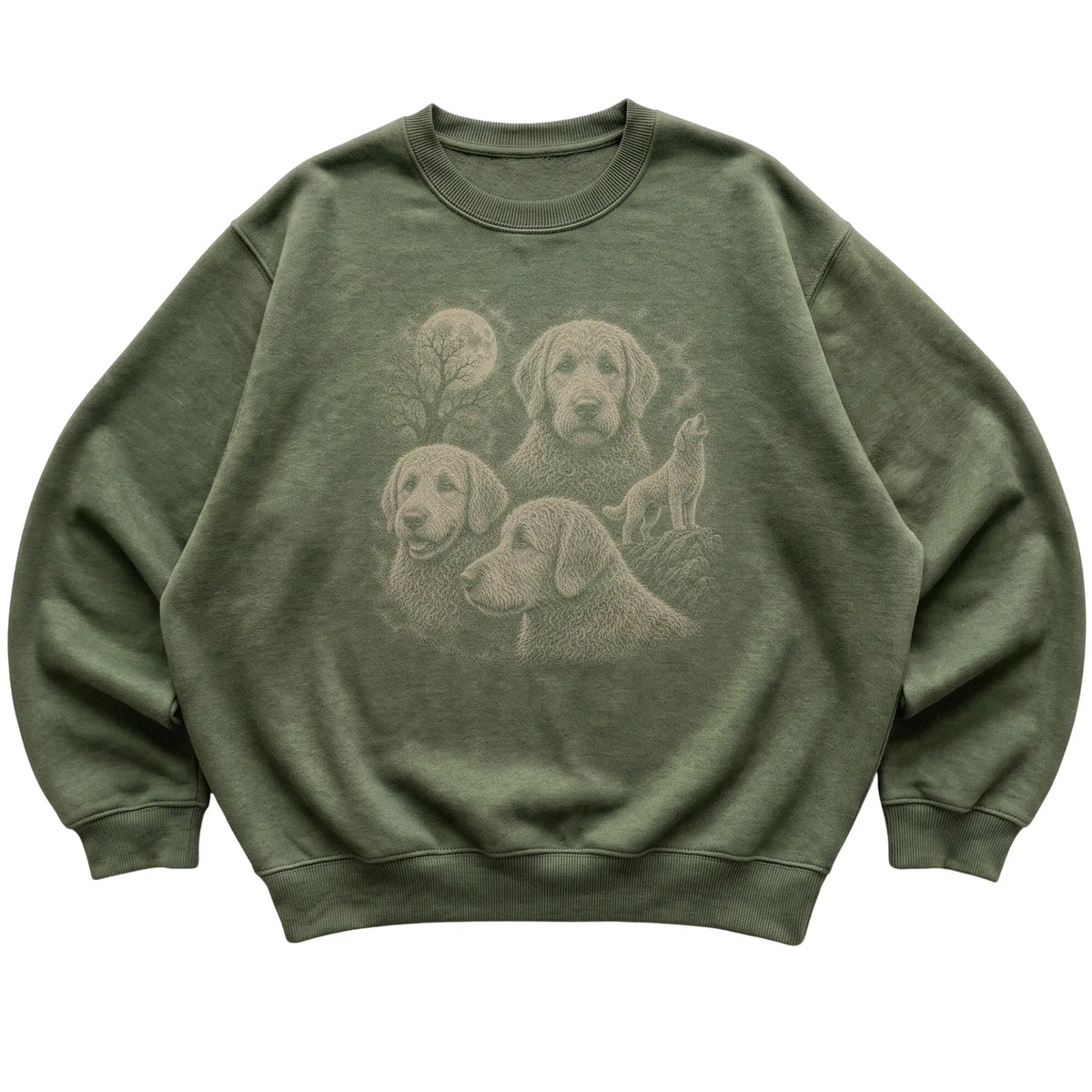 Labradoodle 90s Moon Sweatshirt in Military Green — flat lay