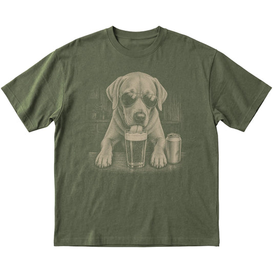 Military Green Labrador Retriever drinking from a pint at a bar, laid flat