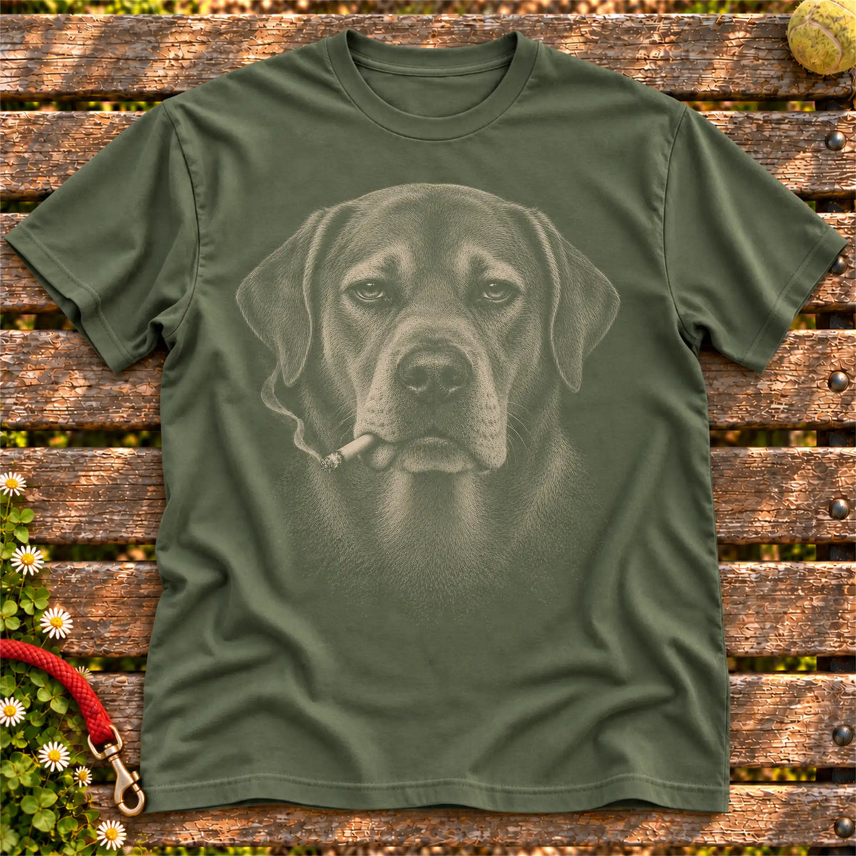 Labrador Retriever smoking design on a Military Green t-shirt