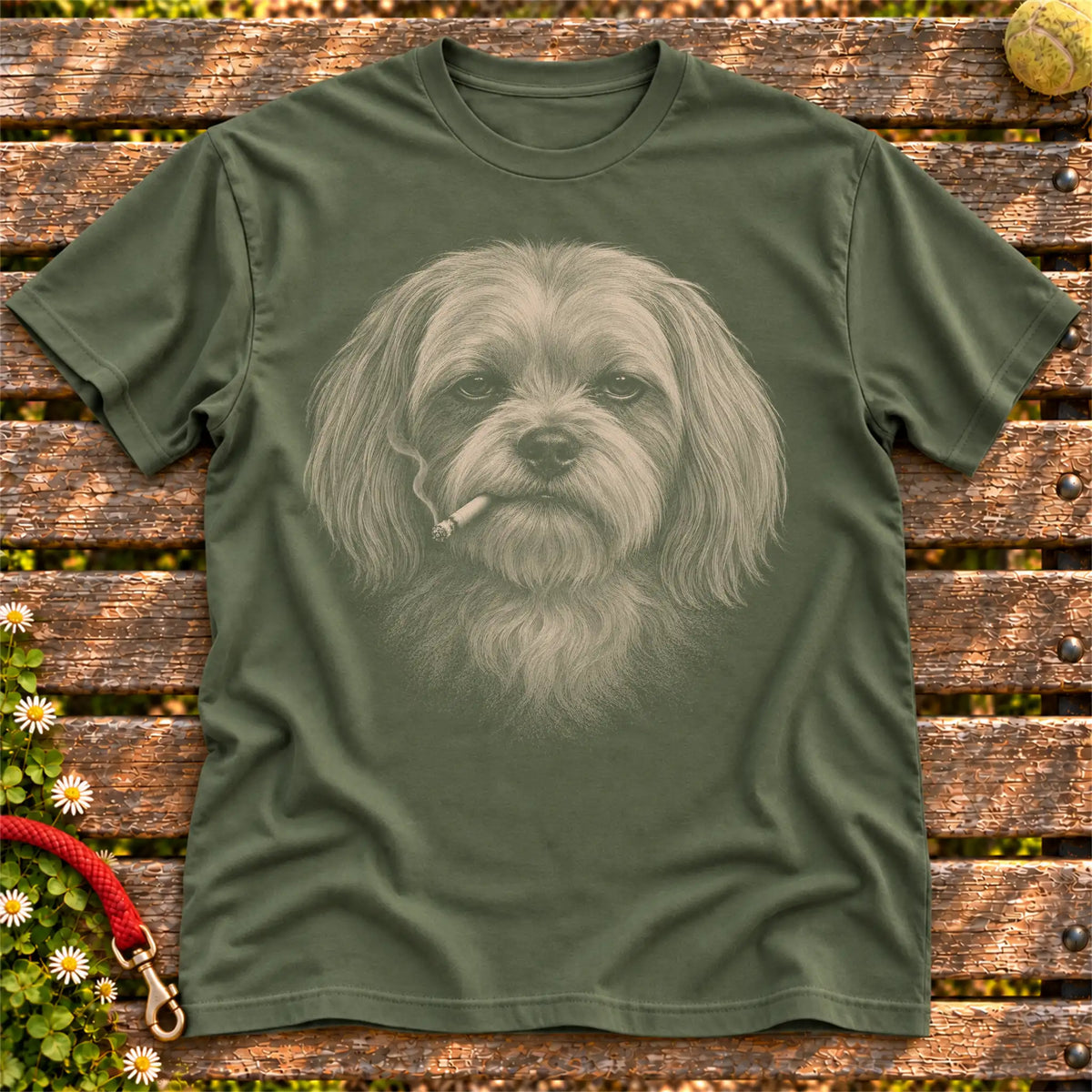 Maltese smoking design on a Military Green t-shirt